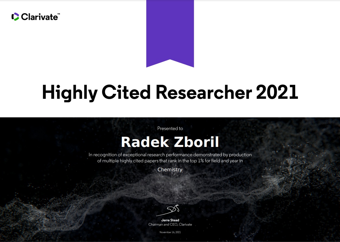 Clarivate Highly Cited Researcher 2021 certificate in Chemistry